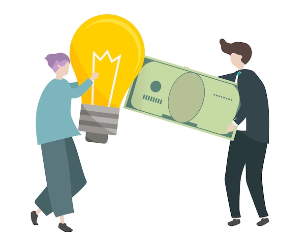 Illustration De Personnages échangeant De L'argent Avec Des Idées