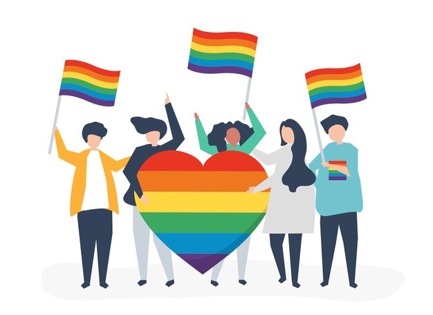 Illustration de personnages de personnes détenant des icônes de soutien LGBT