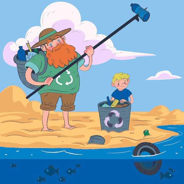 Illustration des personnes nettoyant la plage