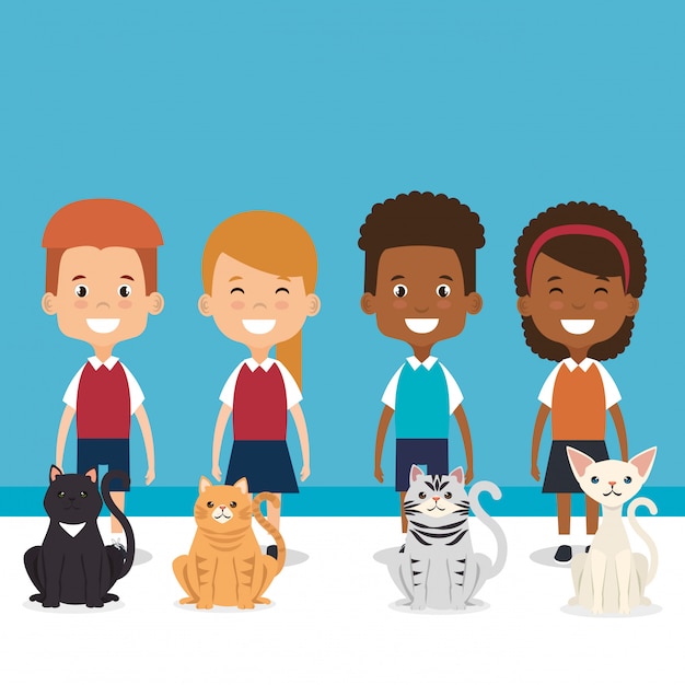 Vecteur gratuit illustration de petits enfants avec des personnages d'animaux domestiques