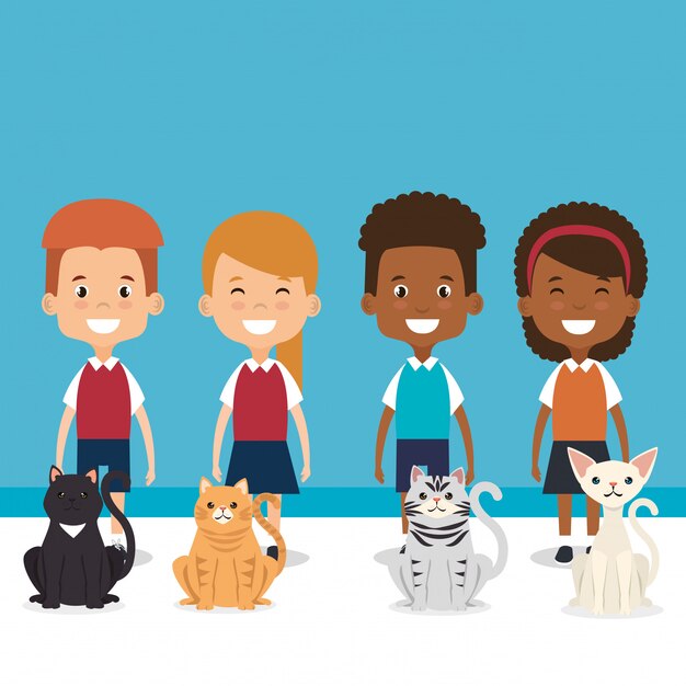 illustration de petits enfants avec des personnages d'animaux domestiques