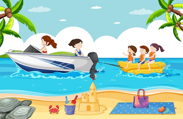 Vecteur gratuit illustration de la plage avec des gens jouant au bateau banane