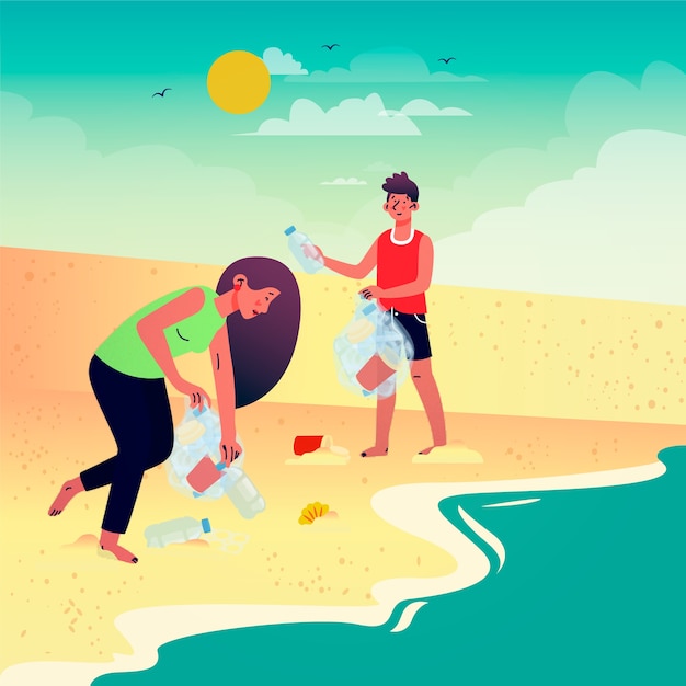 Vecteur gratuit illustration de plage nettoyage bénévoles
