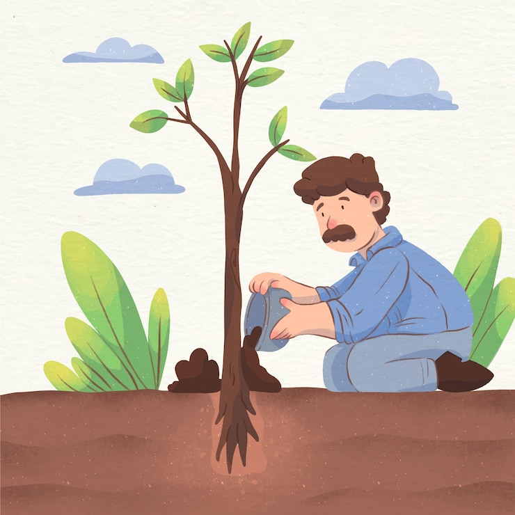 Vecteur gratuit illustration de plantation d'arbres aquarelle
