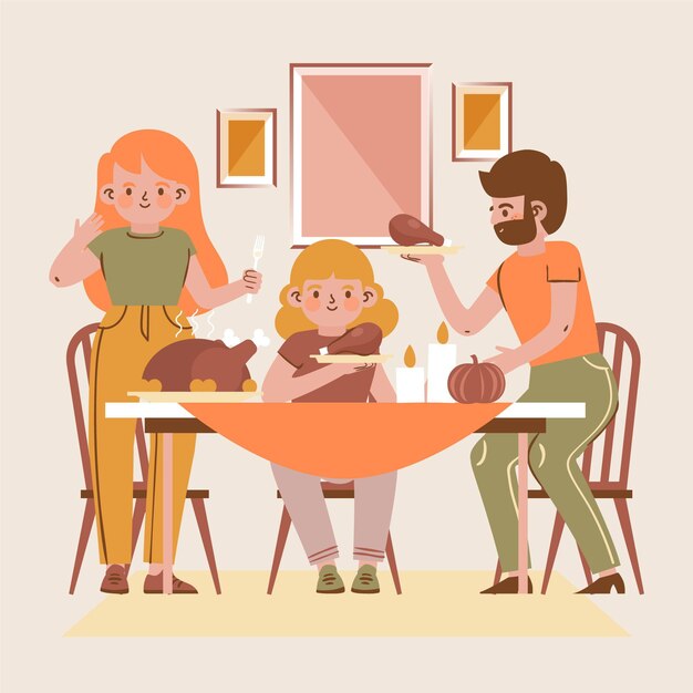 Illustration plate dessinée à la main de personnes célébrant l'action de grâces