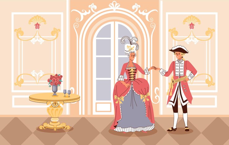 Vecteur gratuit illustration plate de l'histoire de la mode avec une dame et un monsieur vêtus de vêtements de l'illustration vectorielle du xviiie siècle