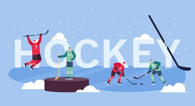 Illustration Plate D'hommes Jouant Au Hockey Sur Glace. Joueurs En Tenue De Sport Sur Patinoire. Symbole De Hockey Allumé. Page De Destination Web. Concept De Sports D'hiver En équipe