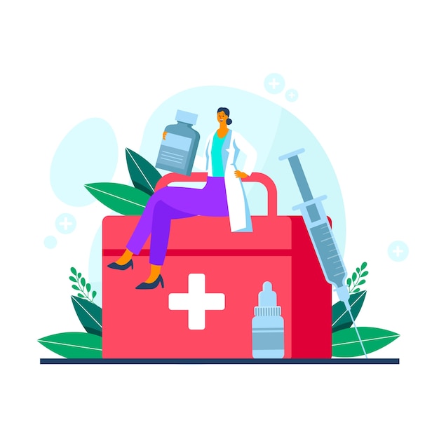 Illustration plate de la journée nationale du médecin avec médecin et boîte de premiers soins