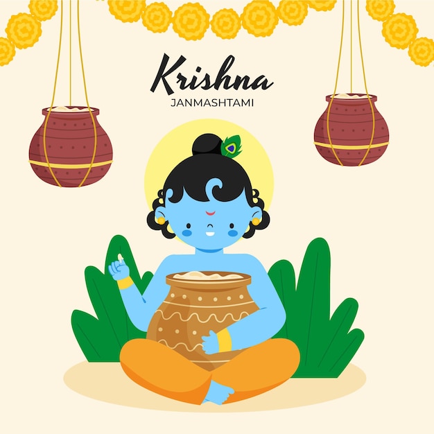 Vecteur gratuit illustration plate de krishna janmashtami