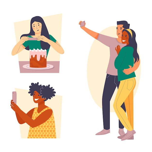 Illustration Plate De Personnes Prenant Des Photos Avec Un Smartphone