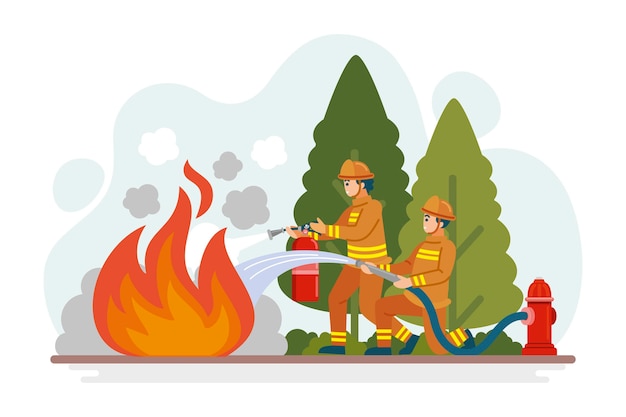 Illustration plate des pompiers éteindre un incendie