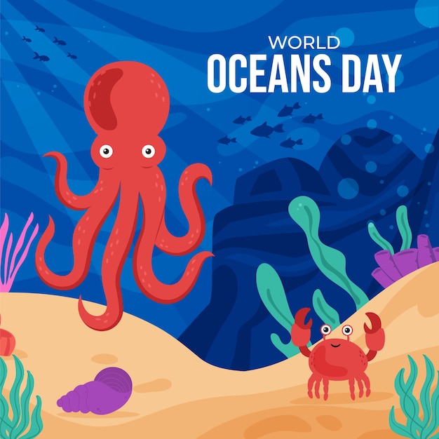 Vecteur gratuit illustration plate pour la célébration de la journée mondiale des océans