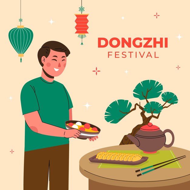 Vecteur gratuit illustration plate pour le festival chinois de dongzhi avec un homme tenant un bol de tang yuan