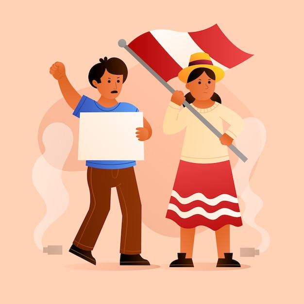 Illustration Plate Pour Les Manifestations Du Pérou Avec Des Personnes Portant Un Drapeau Et Une Pancarte Vierge