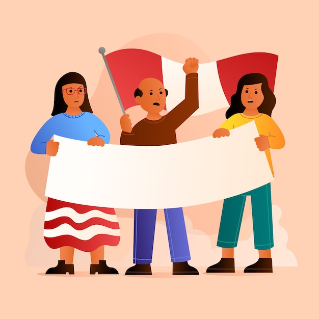 Vecteur gratuit illustration plate pour les manifestations du pérou avec des personnes portant un drapeau et une pancarte vierge