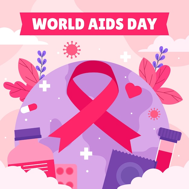Vecteur gratuit illustration plate pour la sensibilisation à la journée mondiale du sida avec planète et ruban