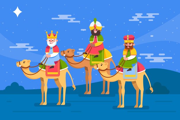 Illustration plate de reyes magos arrivant à la crèche