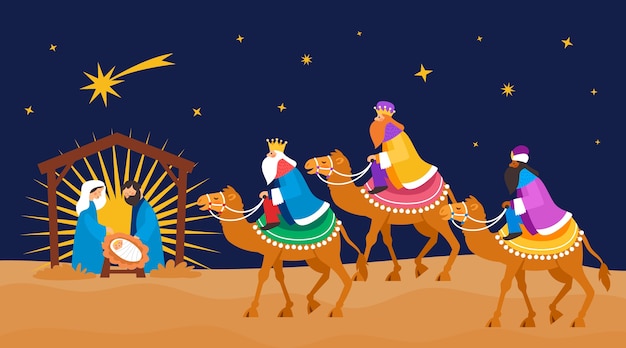 Illustration plate de reyes magos arrivant à la crèche