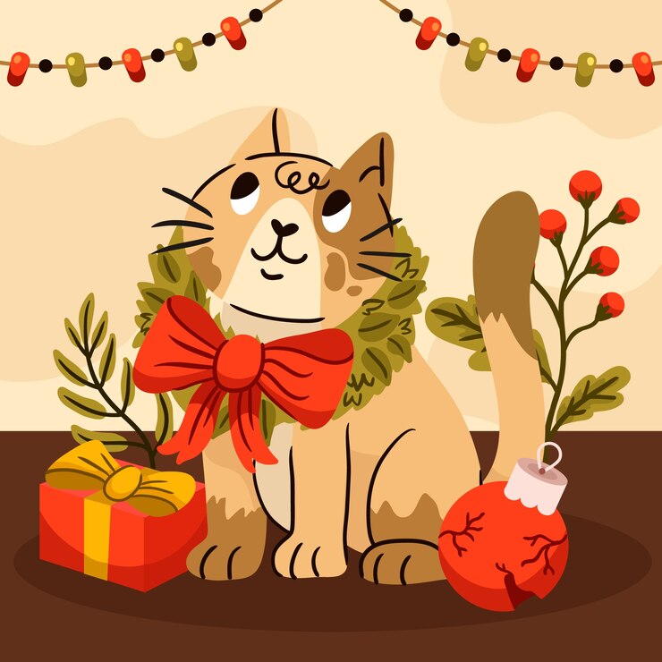 Vecteur gratuit illustration plate de la saison de noël avec chat de dessin animé