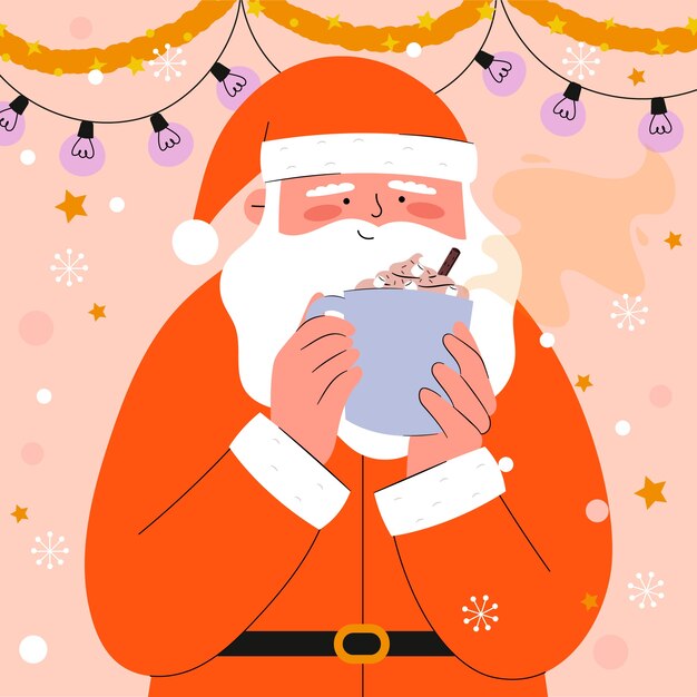 Illustration plate de la saison de Noël avec le Père Noël buvant du chocolat chaud