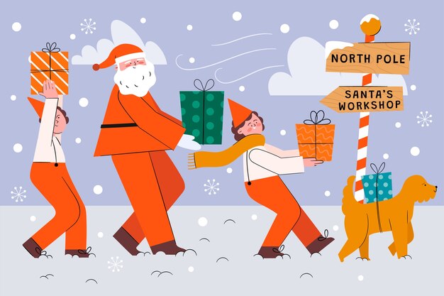 Illustration plate de la saison de Noël avec le père Noël portant des cadeaux