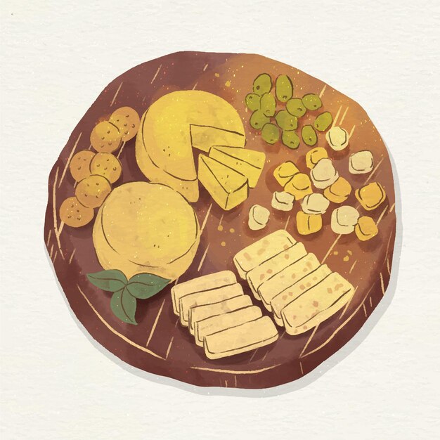 Illustration de plateau de fromages aquarelle avec accompagnements