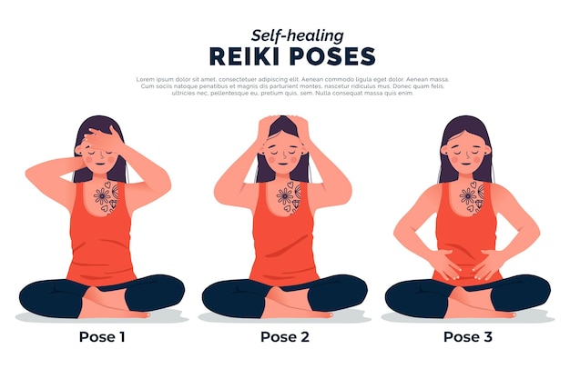 Vecteur gratuit illustration de poses de reiki d'auto-guérison