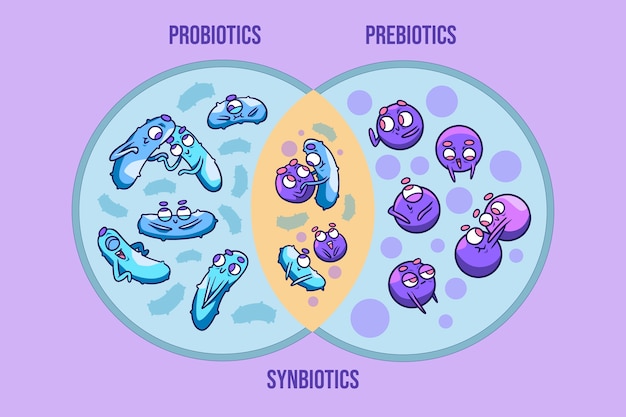 Vecteur gratuit illustration de probiotiques et de prébiotiques dessinés à la main