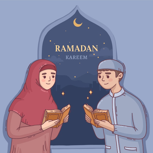 Vecteur gratuit illustration de ramadan dessiné à la main avec une personne priant