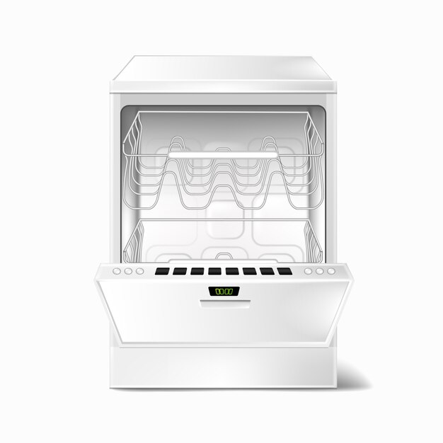 Illustration réaliste du lave-vaisselle vide blanc avec porte ouverte, avec deux grilles métalliques à l&#39;intérieur