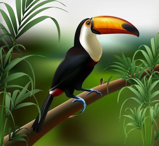 Illustration réaliste de l'oiseau Toucan sur la forêt de la jungle