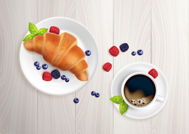 Vecteur gratuit illustration réaliste de petit déjeuner café croissant