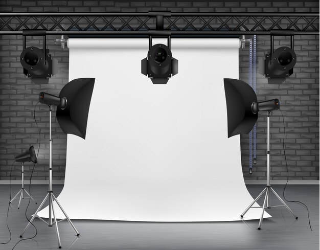 illustration réaliste de salle vide avec écran blanc, lumières de studio avec des boîtes à lumière