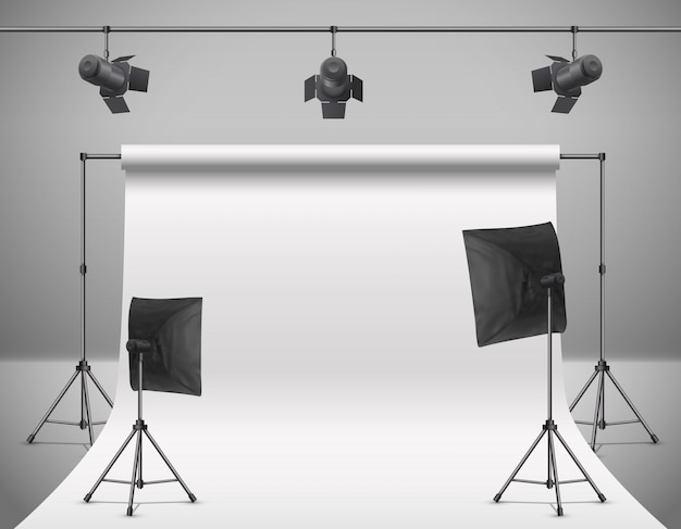 Illustration réaliste de studio photo vide avec écran blanc vierge, lampes, flash spots