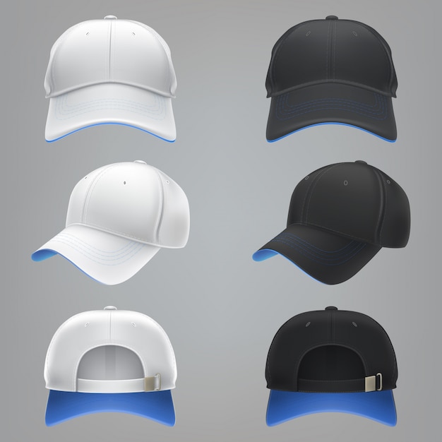 Illustration réaliste vectorielle d'un bouchon de baseball en tissu blanc et noir devant, arrière et côté