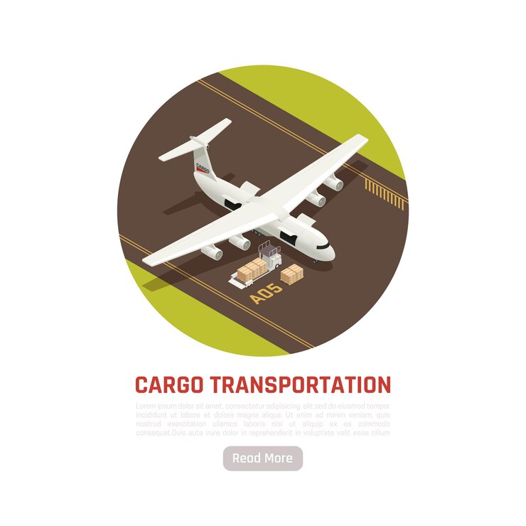 Vecteur gratuit illustration ronde isométrique de transport de fret avec avion sur la piste de l'aérodrome et des boîtes de fret