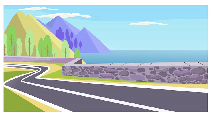Vecteur gratuit illustration d&#39;une route de campagne en mer et montagne