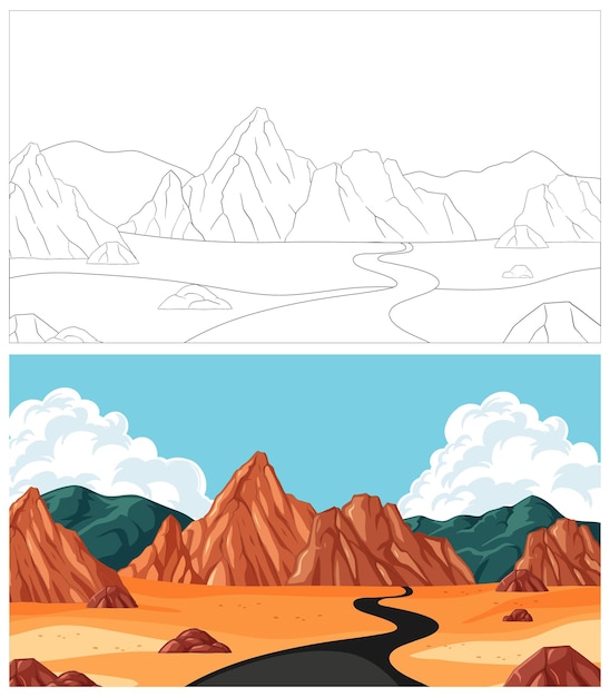 Vecteur gratuit illustration d'une route dans le désert et d'un paysage de montagne