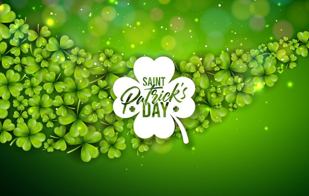 Illustration de Saint Patricks Day avec feuilles de trèfle volant et lettre de typographie sur fond vert