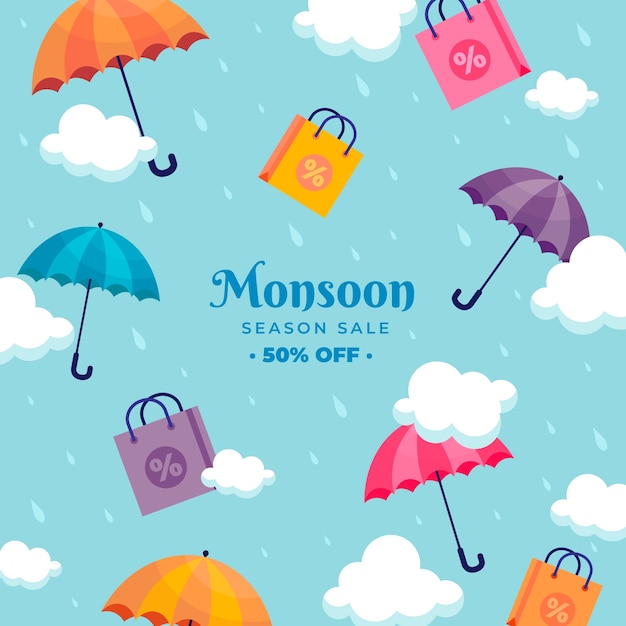 Vecteur gratuit illustration de la saison de la mousson plate avec des parapluies et des sacs à provisions