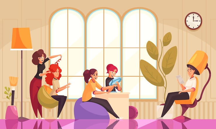 Vecteur gratuit illustration de salon de coiffure et esthéticienne de maquillage