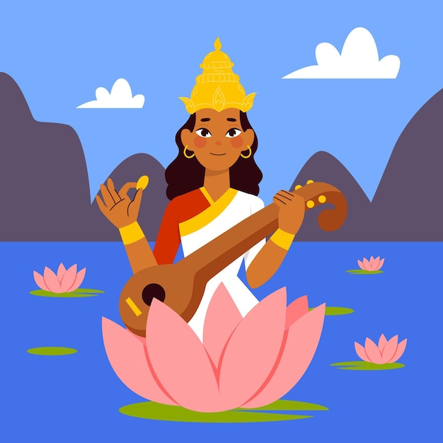 Illustration De Saraswati Dessinés à La Main Avec Veena