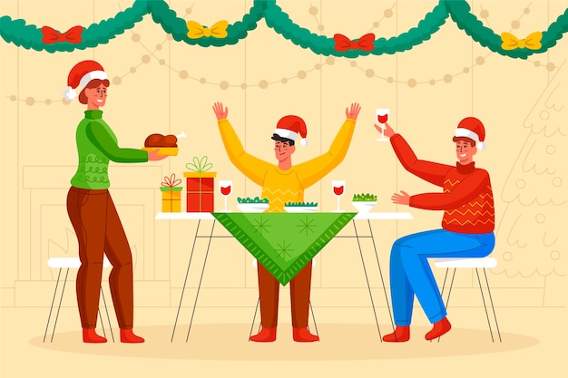 Vecteur gratuit illustration de scène de dîner de noël