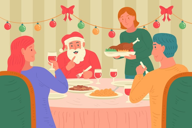 Vecteur gratuit illustration de scène de dîner de noël