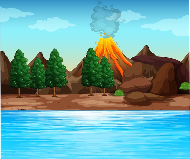 Vecteur gratuit illustration de la scène extérieure de l'éruption volcanique