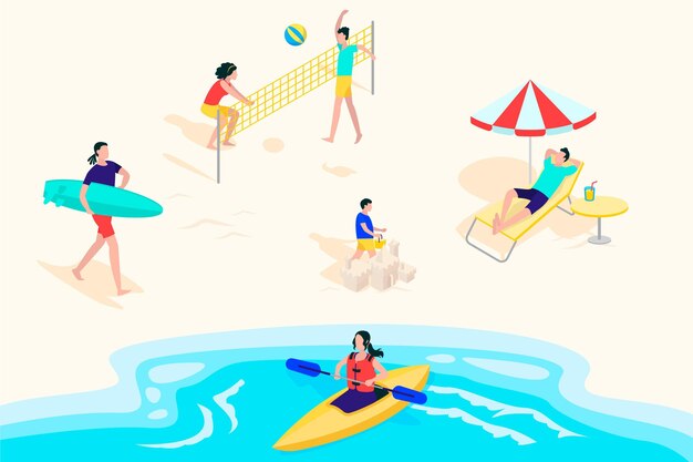 Vecteur gratuit illustration de scènes de plage d'été plat