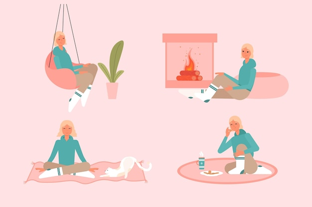 Illustration de style de vie hygge dessiné à la main avec des gens