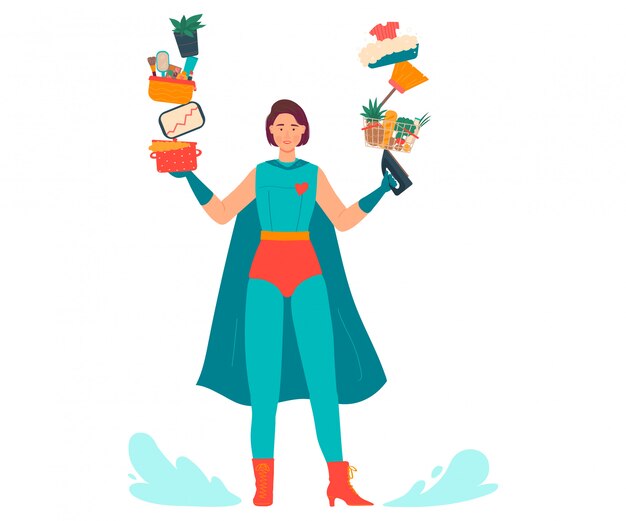 Illustration De Super Maman Dessin Anime Belle Jeune Mere En Costume De Super Heros Fait Un Travail A Domicile Multitache Sur Blanc Vecteur Premium