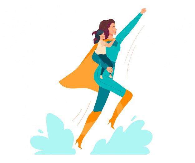 Illustration De Super Maman Dessin Anime Belle Jeune Mere En Costume De Super Heros Tenant Bebe Enfant En Mains Sur Blanc Vecteur Premium