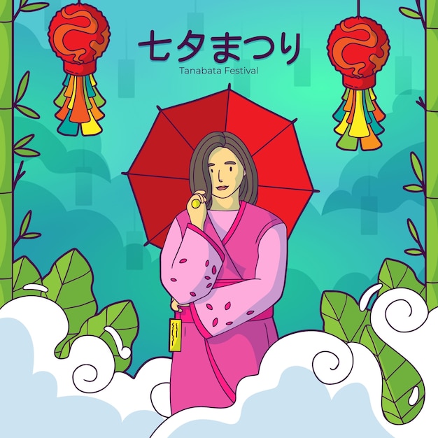 Vecteur gratuit illustration de tanabata dessinée à la main avec une femme tenant un parapluie